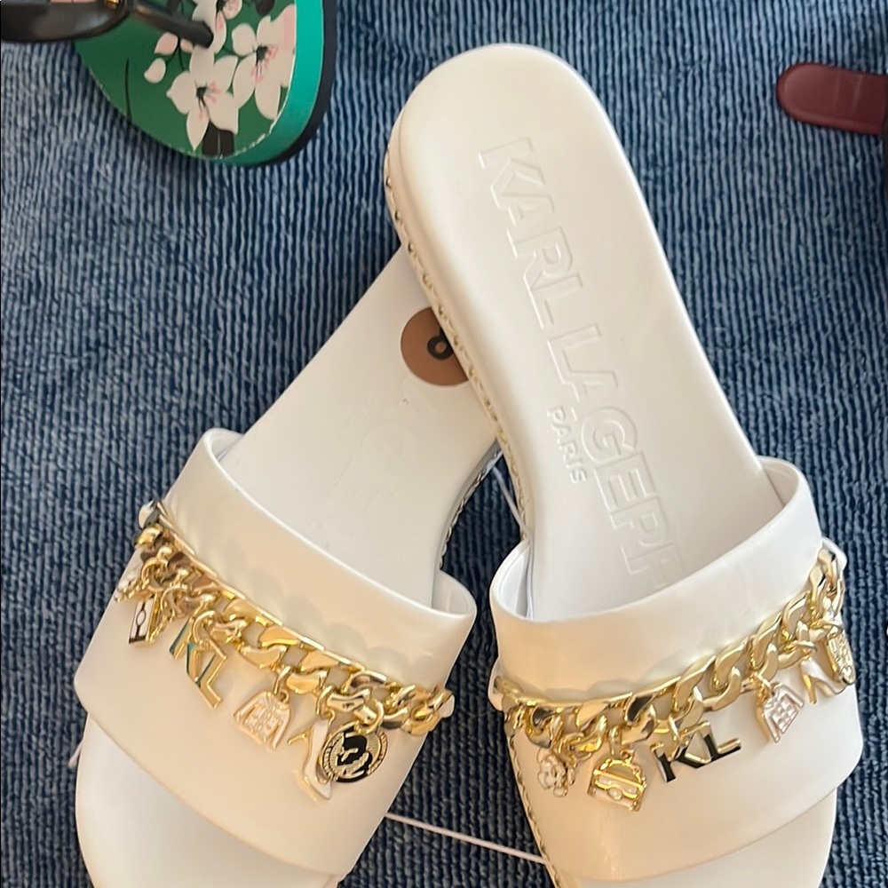 Karl Lagerfeld White Sandals with Gold Chain